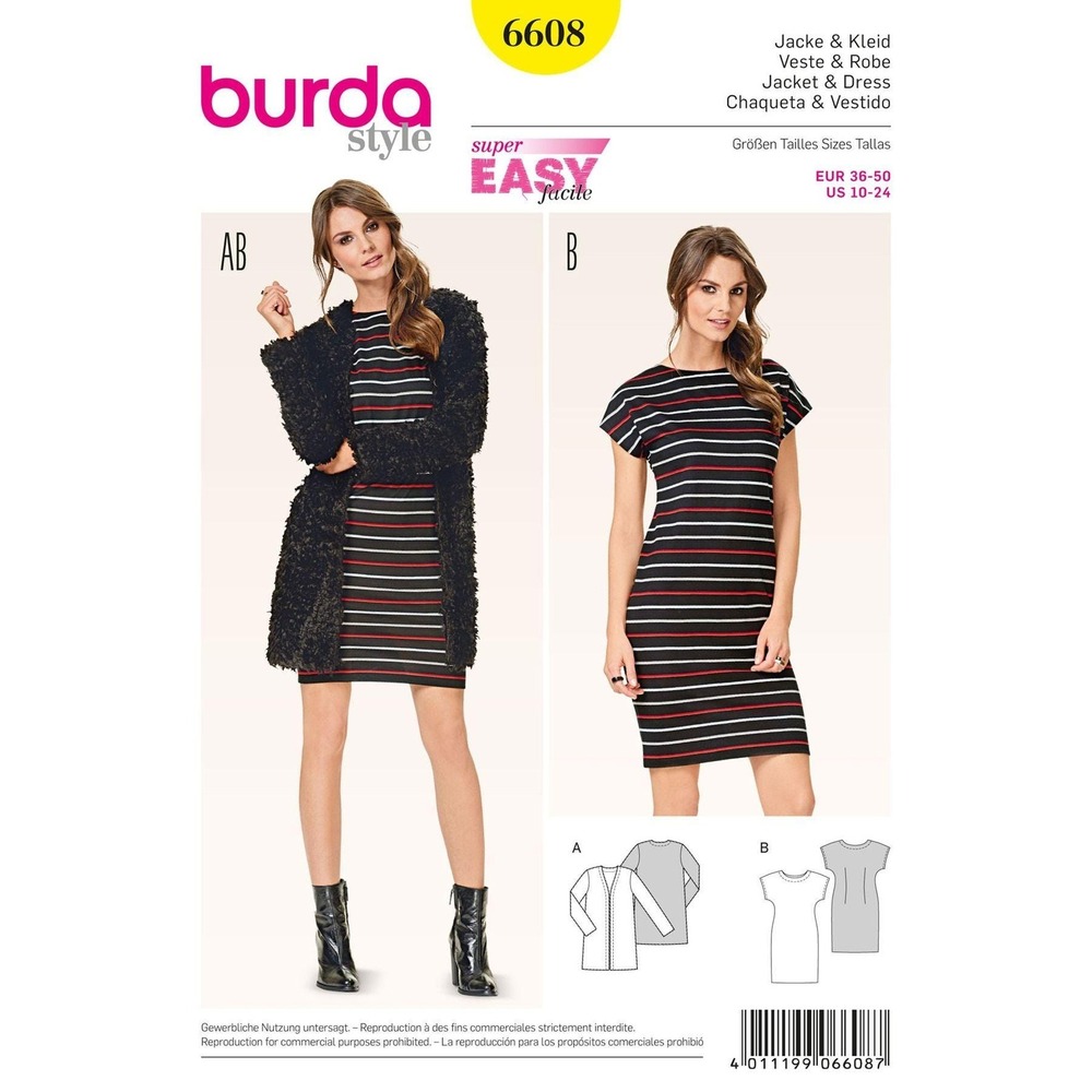 Burda Style 6608 Womens Sewing Pattern For Jacket & Dress In Sizes 10-24